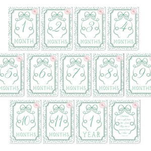 Cartes jalons fille, noeuds lunatiques, cartes jalons mensuels, croquettes florales girly, carte de naissance biblique, vert sauge