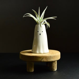 May include: A white ceramic ghost planter with a cute face and a small air plant growing inside. The planter is sitting on a wooden stand with three legs.