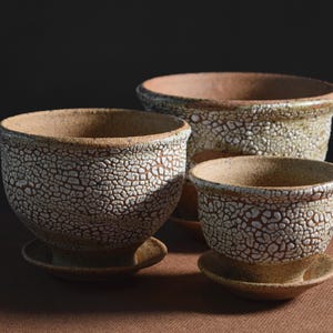 May include: Three ceramic pots of varying sizes, each with a textured, crackled white and brown surface. The pots have a round shape and sit on matching saucers. The background is a dark brown.