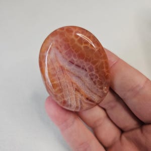 May include: A polished, oval-shaped gemstone with a warm color palette. The stone features a blend of orange, red, and white hues, with intricate patterns and a glossy finish. The gemstone is held in a hand, showcasing its size and shape.