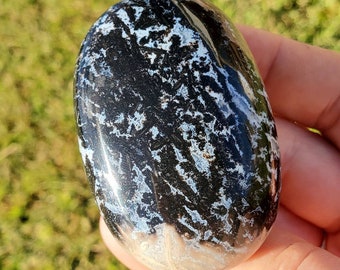 Könnte beinhalten: Ein glatter, polierter schwarzer und weißer Achat-Stein mit einem wirbelnden Muster. Der Stein ist oval geformt und hat eine glänzende Oberfläche.