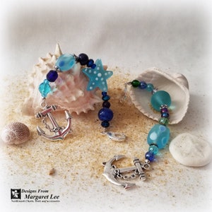 Nautical Anchor Scissor Fobs / Blue Star Fish or Oval Beads / Cross Stitch Accessory/ Gift for Stitcher