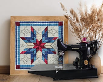 Gwiazdy – czerwono-biało-niebieskie – wzór krzyżykowy bloku patchworkowego: schemat pośredni (cyfrowy plik PDF)