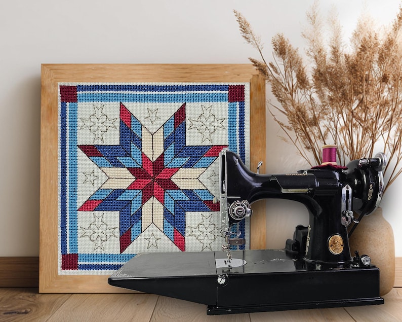 Stars - Red White & Blue - Cross Stitch Pattern of Quilt Block: Intermediate Chart (Digital PDF) image 1