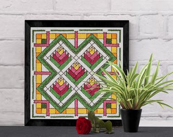 Bird of Paradise Quilt Block Cross Stitch Pattern – Intermediate Chart (Digital PDF)