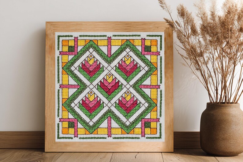 Wzór haftu krzyżykowego na blok patchworkowy „Ptak Rajski” – schemat średniozaawansowany (plik PDF w wersji cyfrowej) zdjęcie 12