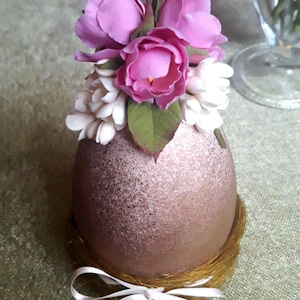 Golden egg with spring flowers Easter table decor  Spring interior decor Spring holiday decor Olive Easter nest with Easter egg