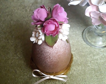 Golden egg with spring flowers Easter table decor  Spring interior decor Spring holiday decor Olive Easter nest with Easter egg