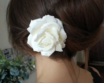 White Rose Hair Clip: Polymer Clay Wedding Accessory for