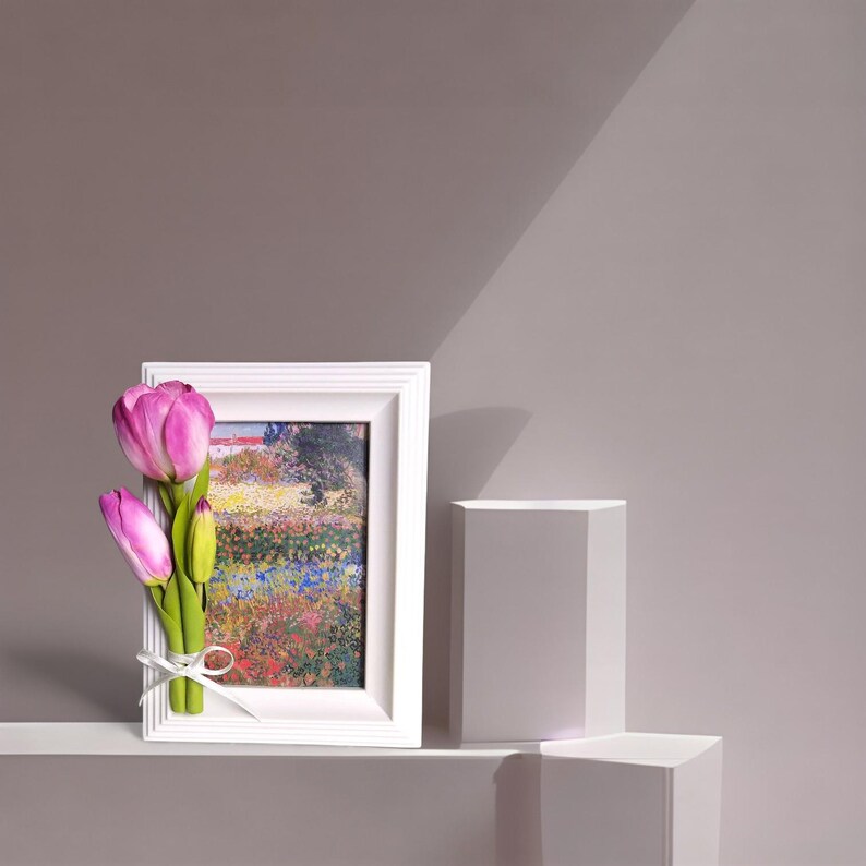 Anpassad fotoram med utsökta handgjorda rosa tulpaner: Heminredningspresent för, för blomsterälskare bild 3