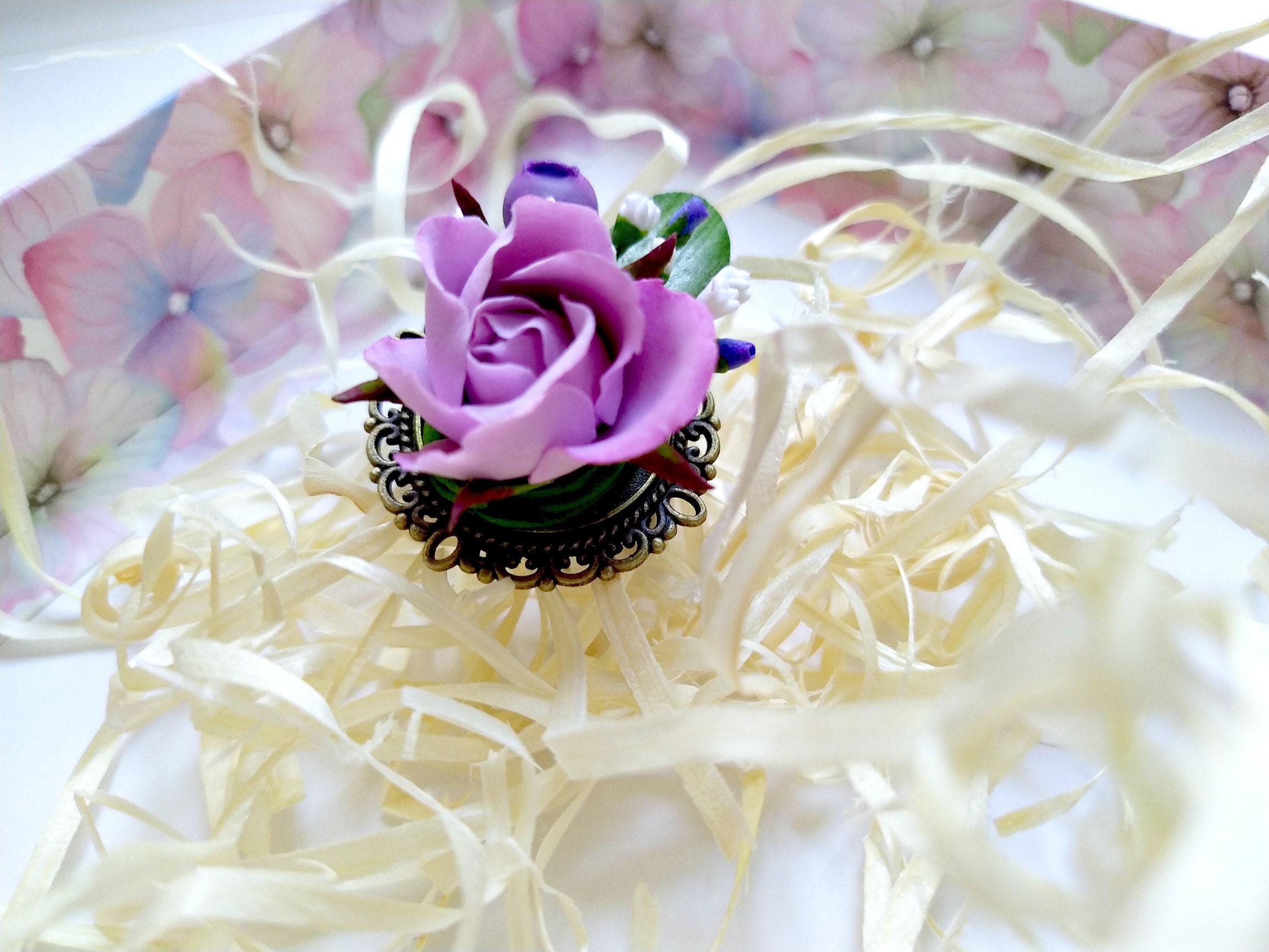 Ring With Flowers Ring With a Pink Rose Polymer Clay Ring Floral Accessories Ring for Her Ring