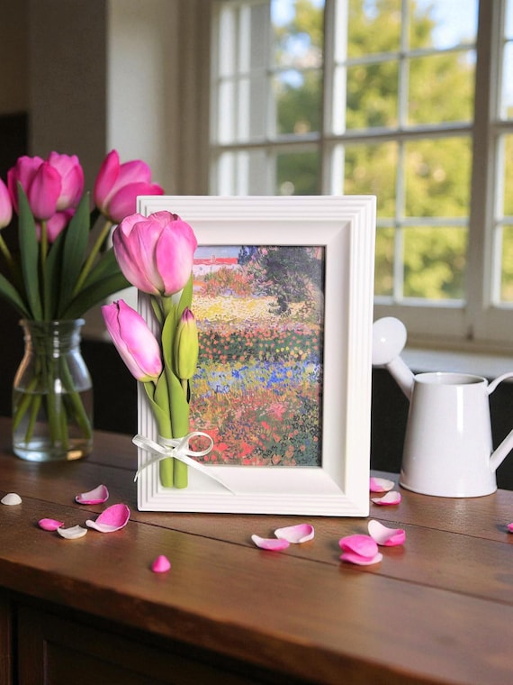 Custom Photo Frame with Exquisite Handmade Pink Tulips: Home Decor Giftfor, For flower lover