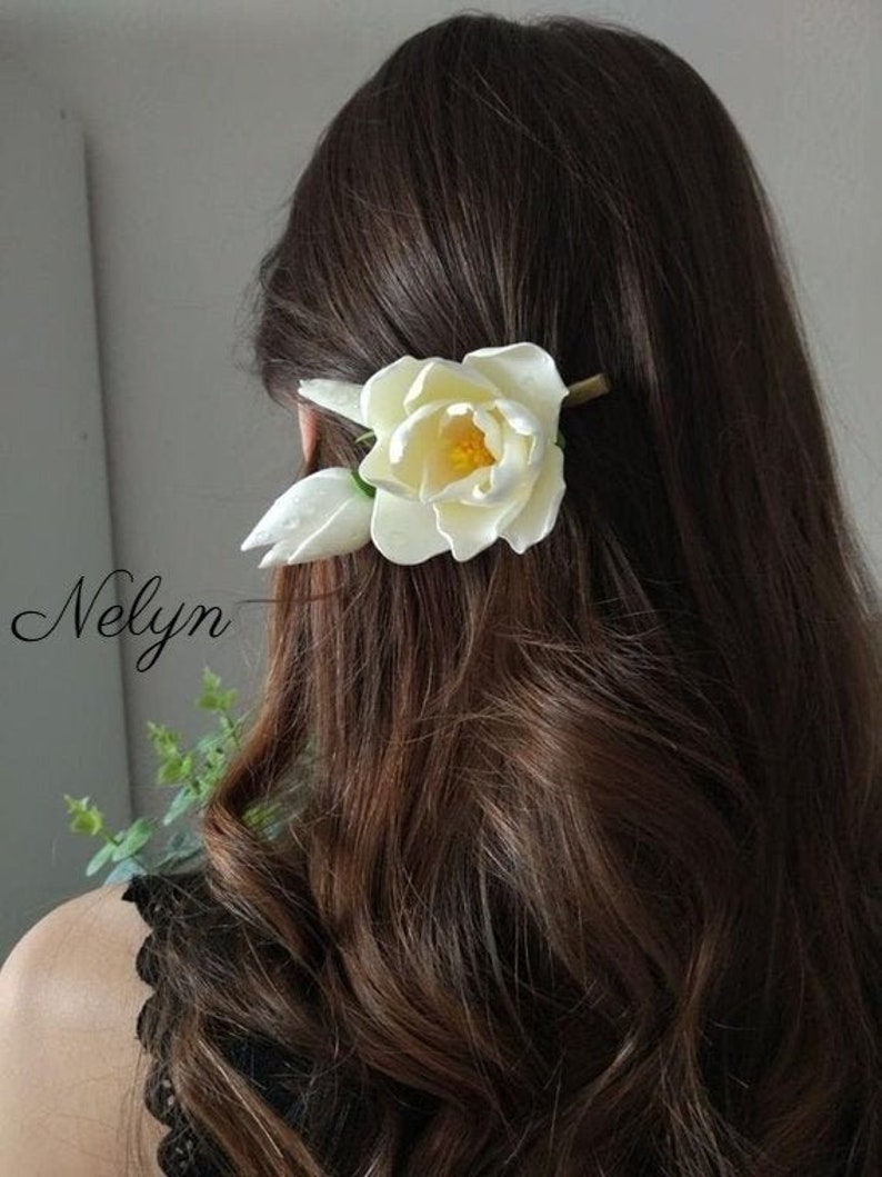 Magnolia Hair Clip Wedding Flower Hair Accessories Polymer Etsy
