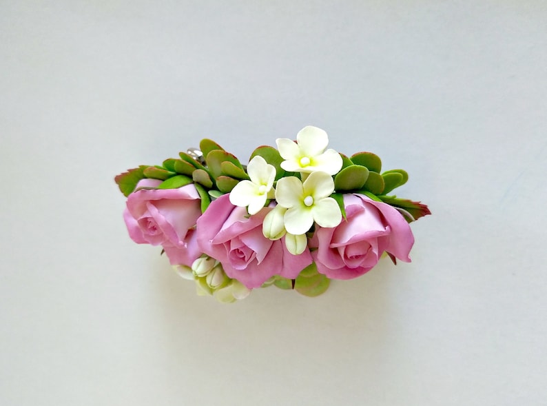 Floral automatic hair clip Hair clip with roses small delicate flowers and green leaves Spring hairstyle Flowers in your hair