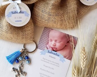 Baptism or First Communion favors: favor card with burlap sack & key-ring