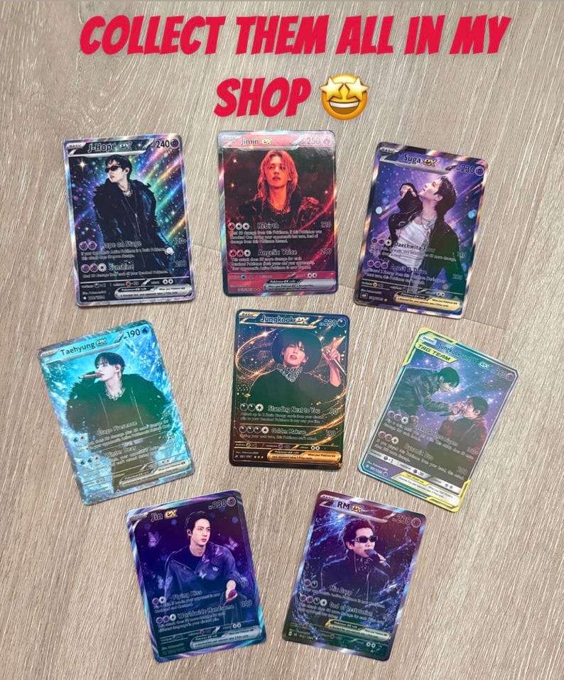 May include: Seven rectangular trading cards featuring individual and group portraits of performers with holographic, starry backgrounds. Each card displays text, numerical values, and game-like statistics. The top of the image includes the text COLLECT THEM ALL IN MY SHOP.