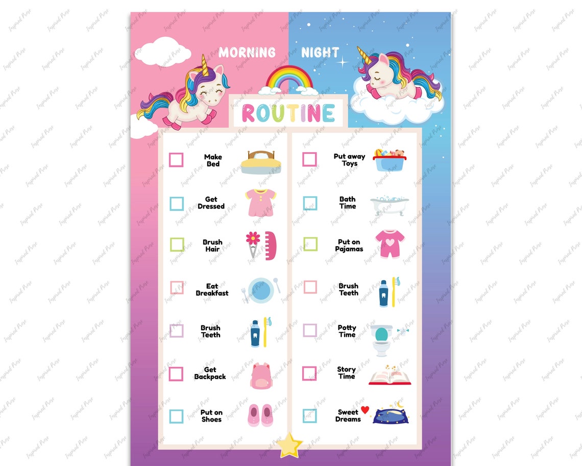 Unicorn Morning Checklist &amp; Bedtime Routine Chart Printable | Etsy