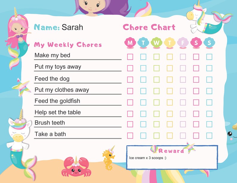 chore chart unicorn mermaid weekly planner for kids etsy