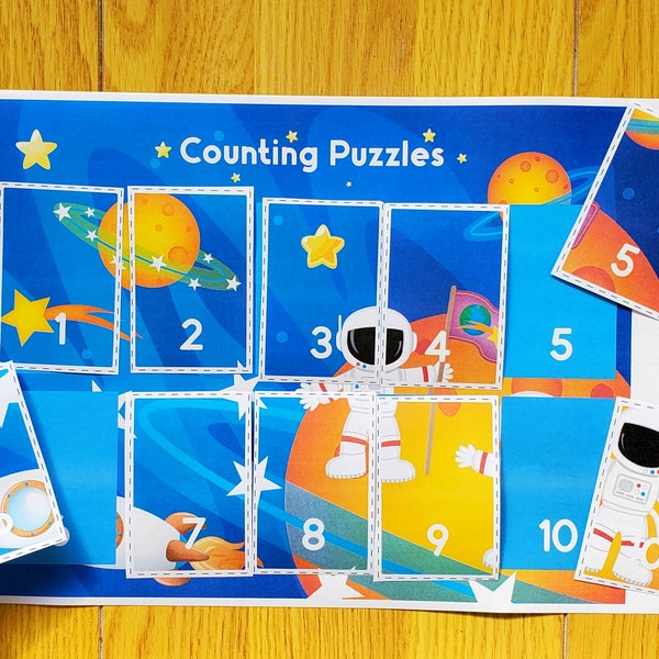 Space Counting Puzzles, Solar System Number Activity for Learning to Count,  Preschool Homeschool Printable