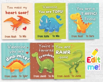 Printable Dinosaur Valentines Day Cards for Kids, Dino Tags for Treat Bags and Classroom Exchange - Editable