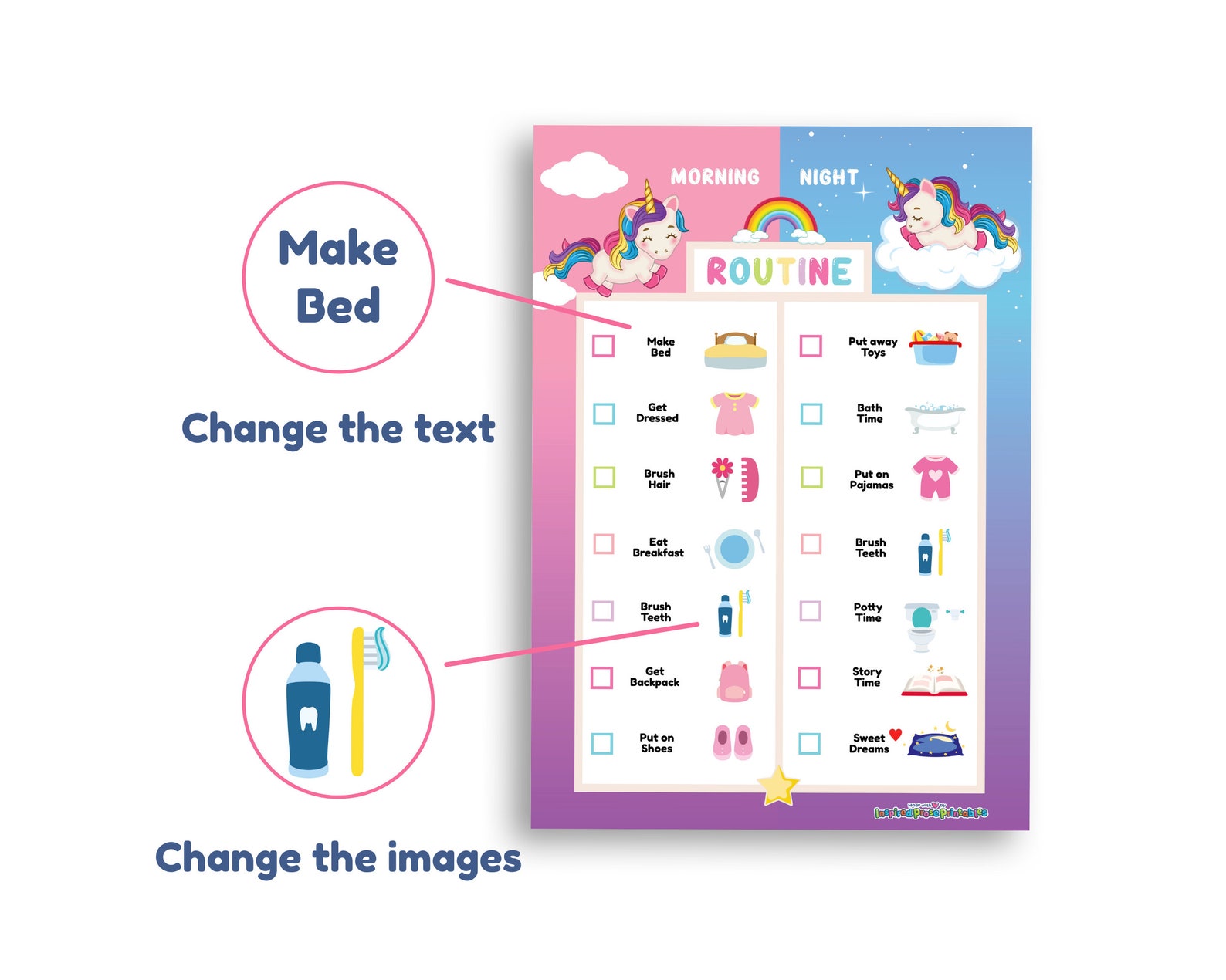 Bedtime Routine Chart Unicorn Morning Checklist to Encourage - Etsy