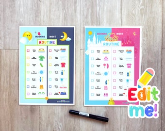 Kid Morning Checklist and Bedtime Routine for Toddlers, Preschoolers and Kindergartners Printable Bundle - Editable