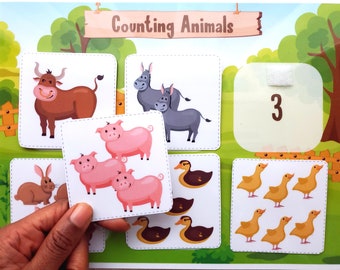 Preschool Math, Counting Animals Printable, Montessori Number Activity, Toddler Busy Book Page, Homeschool Learning Worksheet