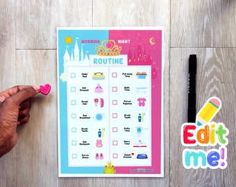 Bedtime Chart and Morning Routine Chart, Princess Daily Responsibility Chart for Adding Structure, Editable