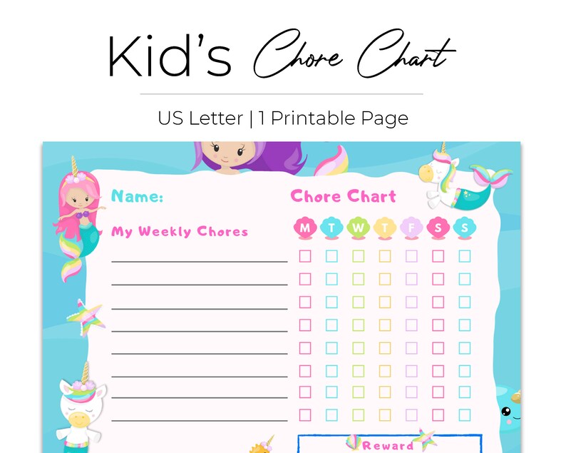 chore chart unicorn mermaid weekly planner for kids etsy
