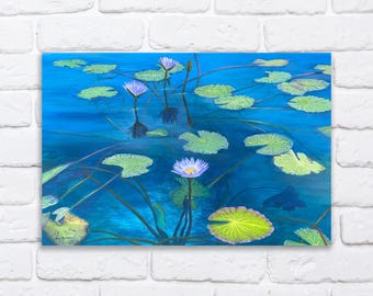 Original Water Lily Acrylic Painting: Blue Green Canvas Art, Ready to Hang