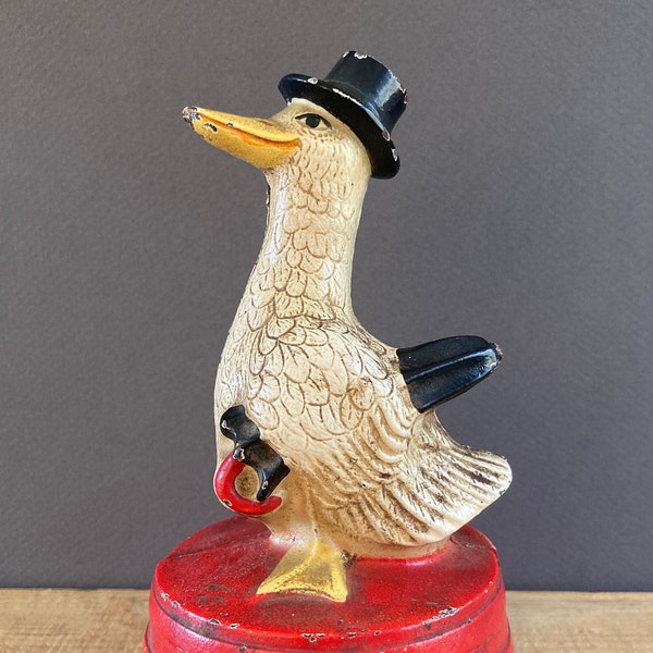 Vintage Hubley cast iron duck coin bank c1930, scarce Rainy Day Duck with umbrella, collectible still bank, piggy bank, duck lover gift