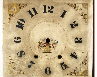 Antique folk art clock dial c1920, hand-painted clock face with gilt details and ornate flowers, country or cottage decor, farmhouse style