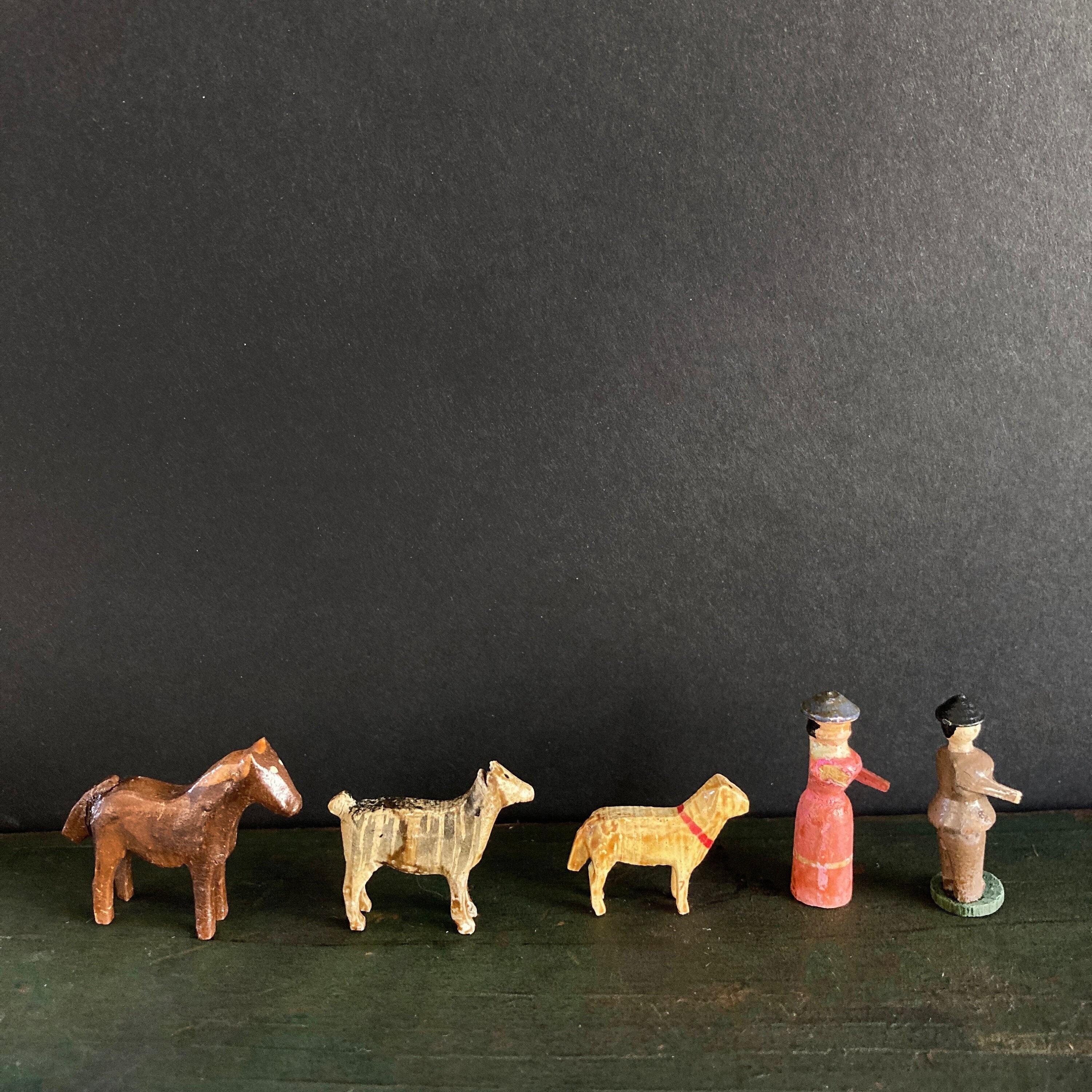 Antique Erzgebirge Miniature Wooden Farm Animals and 2 People