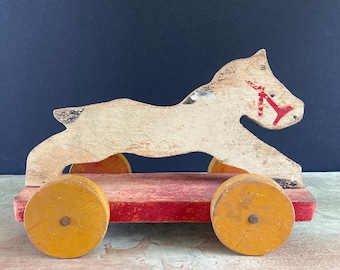 Antique primitive wooden horse, pull toy, hand-painted 1930s, American folk art
