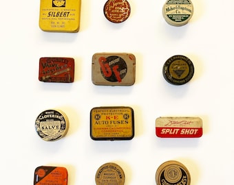 Collection of small antique and vintage advertising tins, pharmacy, jeweler, hardware, watch, and cosmetics tins, retro decor, memorabilia