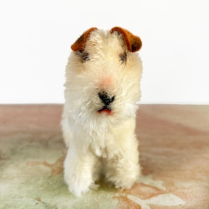 Vintage Steiff Foxy Fox Terrier, pink satin bow, working brass bell, tiny glass eyes, miniature collectible Steiff, dog lover gift c1950s