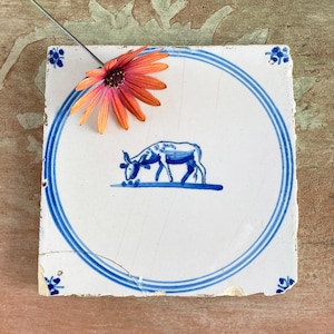 Antique Delft tile from the Netherlands, whimsical donkey, blue and white earthenware, country cottage, farmhouse decor.
