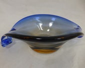 Murano Sommerso Blue Amber Hand Blown Glass Coquille-shape Sculptural Bowl with Rolled Ends - Vintage Art Glass - Venetian Italian glass