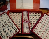 Vintage Mah Jongg Chinese Strategy Game in Black Carry Case with Red Baize Trays Made in China 144 Bamboo Backed Tiles - Unused Set