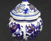 Chinese Blue, White Gold Porcelain Pumpkin Ginger Jar Tea Caddy with Lid Hand Painted Lotus Flowers Vintage Decorative Urn - China