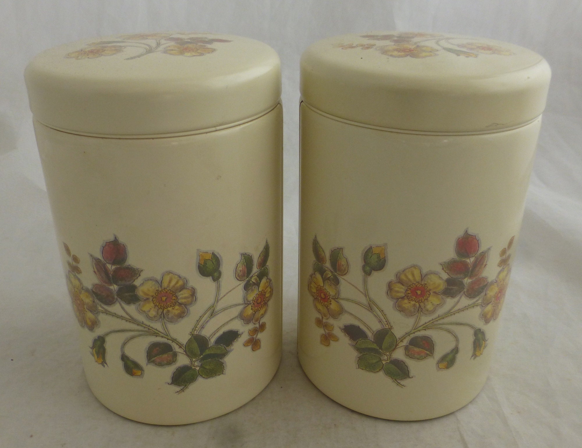 Vintage Set of 2 Floral Cream Tin Kitchen Storage Canisters Clear Window &  Lid Unused Metal Containers, Pouring Device Retro Kitchenalia 
