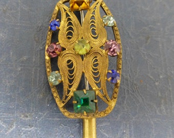 Beautiful Vintage Gold Tone Filigree Metal with Multi Coloured Glass Crystals Dangling Hat Pin / Brooch Pin -  Lapel Pin / Hijab Pin – 1930s