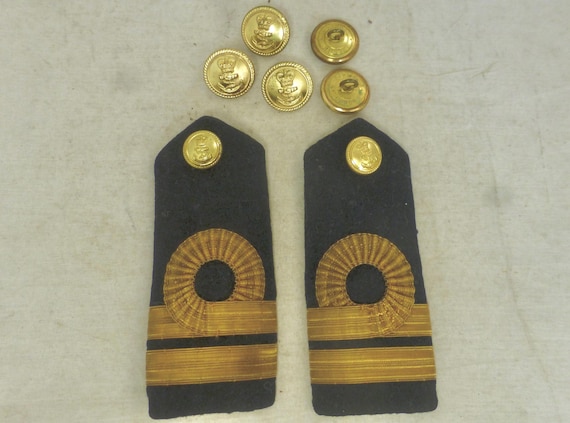 Vintage British Royal Navy Lieutenant Rank Insignia Shoulder Boards Epaulettes - Gold Stripes & 5 Navy Officer’s Gold Firmin London buttons
