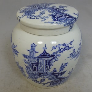 Vintage seltene blau-weiße orientalische Design Porzellan-Ingwerdose mit flachem Deckel - 13 cm hoch - chinesische Pagoden, japanisches Gartenmuster