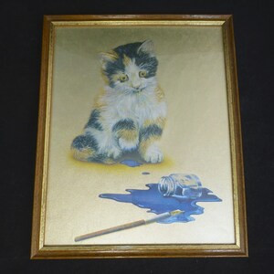 Framed Vintage Metallic Foil Art Print of Tortoiseshell Kitten Cat with Spilt Ink – 27 x 22 cm - Wood and Gilt Frame Ready to Hang