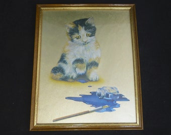 額入りヴィンテージメタリックホイルアートプリント（べっ甲柄の子猫、インクがこぼれた猫） – 27 x 22 cm - 木製と金箔の額縁付き、すぐに飾れます