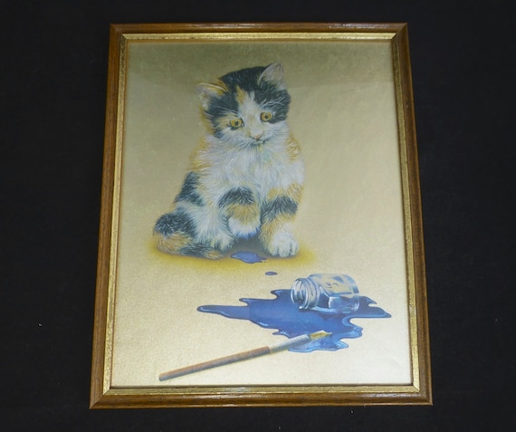 Framed Vintage Metallic Foil Art Print of Tortoiseshell Kitten Cat with Spilt Ink – 27 x 22 cm - Wood and Gilt Frame Ready to Hang