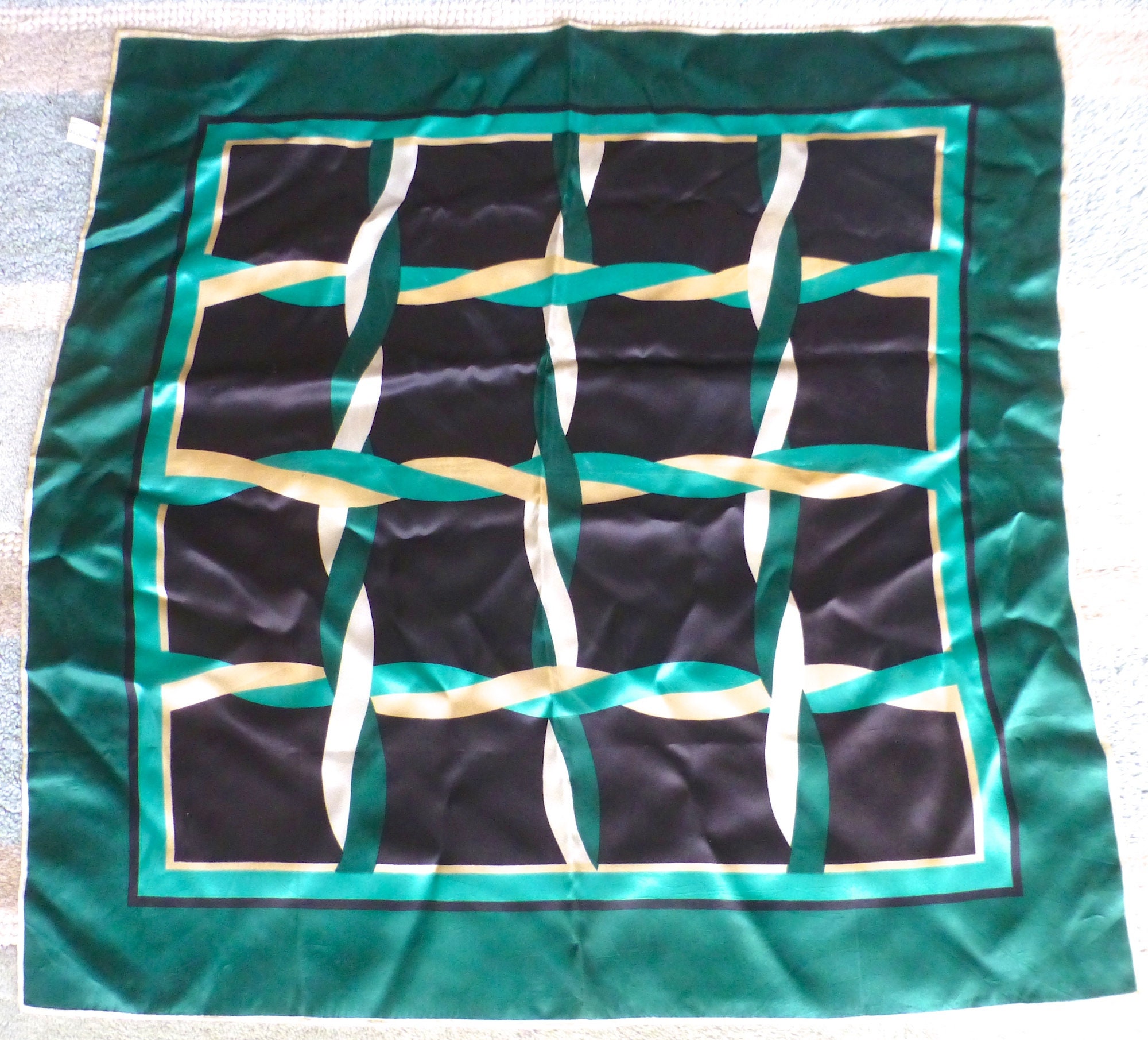 Vintage Japanese Hand Printed 100% Acetate Scarf Green, Black & White Vibrant Geometric Exclusive Design with Label – 26.5 x 26.5 in - Japan