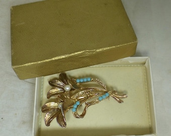 Grande Broche Vintage Or Avec Perles Turquoise - Bijou Ancien Superbe - Modèle 1573
