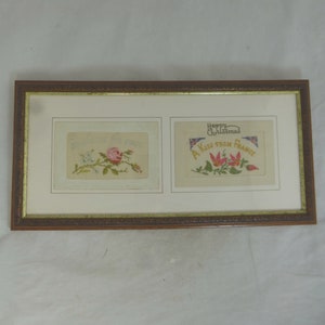 Cartões postais exclusivos bordados em seda da Primeira Guerra Mundial emoldurados antigos - Um beijo da França e da Inglaterra para sempre - 41 x 21 cm - Arte militar de trincheira - França 1917